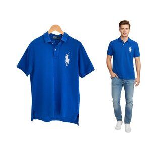 Vintage Polo Ralph Lauren Shirt Men Medium Blue White Big Pony Short Sleeve